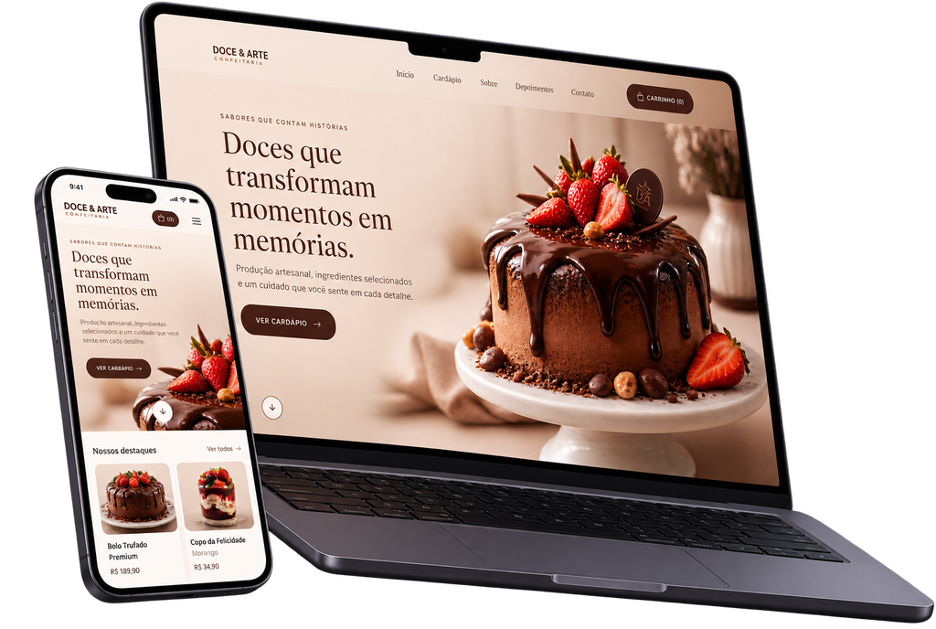 Projeto Doce & Arte apresentado em desktop e mobile